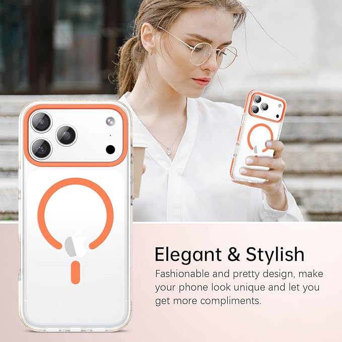 BENTOBEN Magnetic for iPhone 17 Pro Max Case 6.9", Compatible with Magsafe Military Shockproof Protective Bumper Cute Transparent Slim Anti-Yellowing Case for iPhone 17 Pro Max Cover, Clear Orange