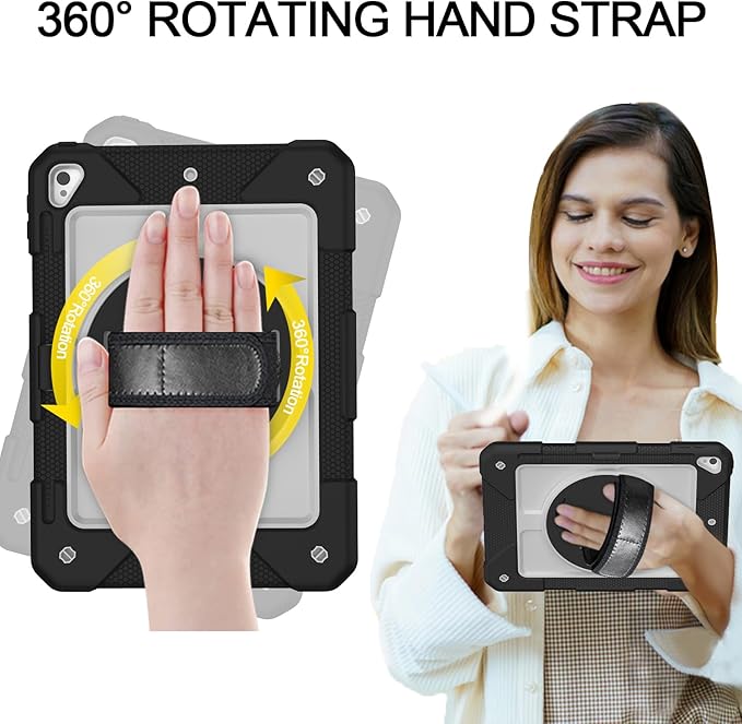 MENZO Shockproof Case for iPad 5th Gen/6th Gen/Air 2/Pro 9.7-inch with 360° Swivel Stand, Pencil Holder, Detachable Hand and Shoulder Strap, Black+Grey