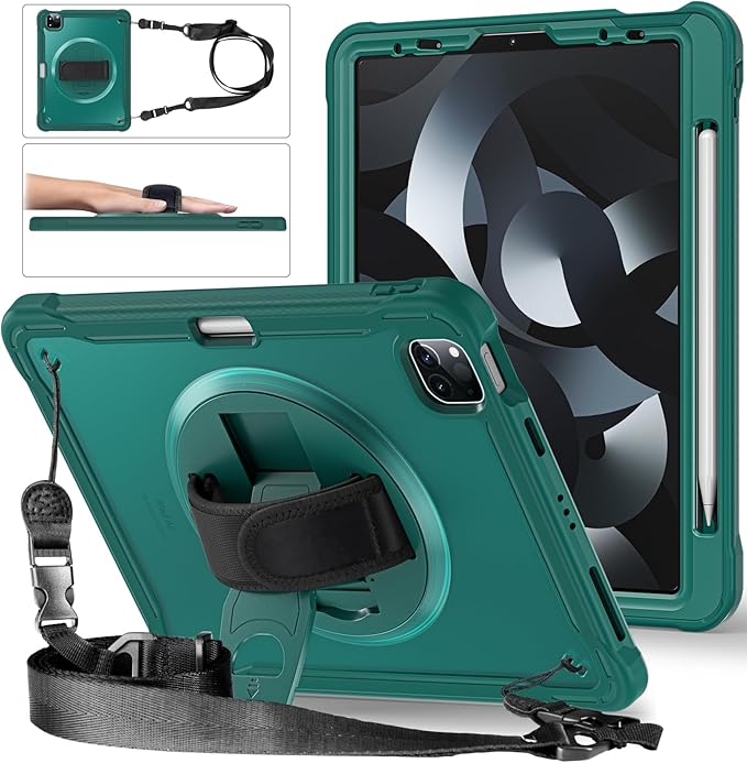 Batianda Case for iPad Pro 11-inch 2022 4th M2 Chip /2021 (3rd Generation) Heavy Duty Rugged Shockproof Tablet Cover with 360° Rotating Hand Strap Foldable Hidden Stand & Shoulder Strap, Teal