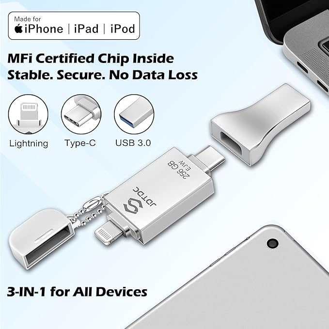 JSL JDTDC 512GB Genuine Apple MFi Certified iPhone Photo Stick, Real Capacity 3 in 1 USB C Flash Drive Thumb Drive for iPhone 16/15/14/13 iPad Android PC, Secure Encryption & 1-Tap Backup Memory Stick