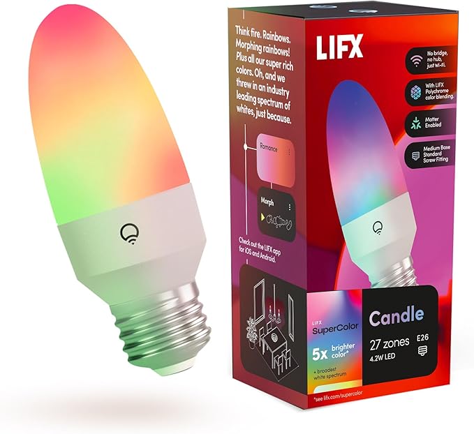 LIFX Color Smart Candle LED Bulb, E26 Base, Wi-Fi RGBW Flame Effect with 26 LED Zones, Dimmable, Flame & Morph Modes, App + Voice Control (Alexa, Google, Siri), 1500K–9000K Tunable White, LFX/ETF