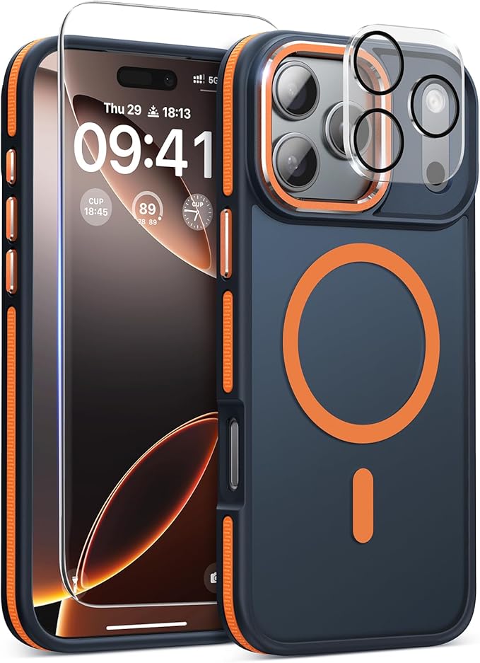 Magnetic 3 in 1 for iPhone 17 Pro Case, [Omni-Directional Protection] with 1x Screen Protector + 1x Camera Cover, [Seamless Work with Magsafe] Shockproof Slim Thin Case for iPhone 17 Pro Cosmic Orange
