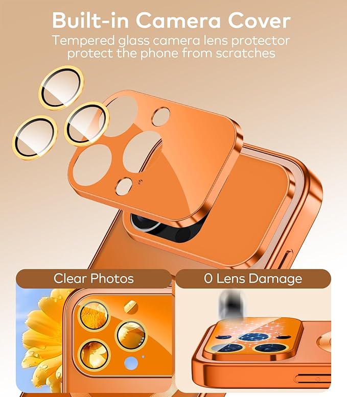 TOBOVON Magnetic for iPhone 16 Pro Case with Ring Stand, Fits MagSafe, with Built-in Camera Lens Protector, Slim Electroplated Shockproof Phone Cover, Orange