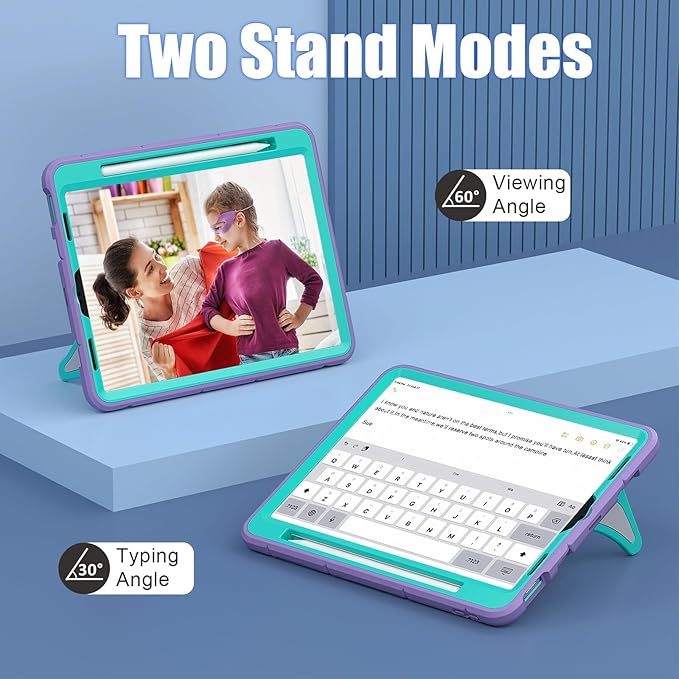 AKABEILA Compatible with Apple iPad Pro 11 inch(2018)/Apple Air 4 10.9(2020)/Air 5 10.9(2022)/Air 6 M2 (2024)/Air 7 M3 (2025) Tablet Case，Cover with Kickstand for Kids Children Boys Purple Mint Green
