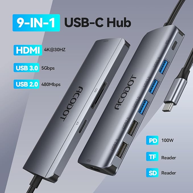 USB C Hub, Acodot 9 in 1 Type C Hub Adapter Portable Docking Station Aluminum Dongle Compatible with MacBook Pro/Thunderbolt 3 Laptops of Type C Devices, with 4K HDMI/ 5 USB Ports/ 100W PD/SD/TF