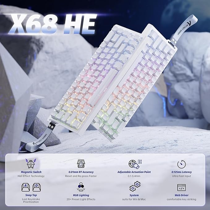 ATTACK SHARK X68 HE Wired Rapid Trigger Mechanical Gaming Keyboard and R1 Mouse with Adjustable Actuation,Coiled Cable,USB C/2.4Ghz Wireless/BT Ultralight 18K DPI Mice for Esport Gamer(White Contour)