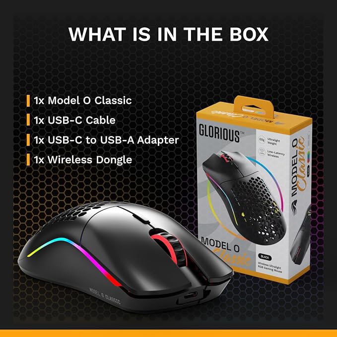 GLORIOUS Model O Classic Wireless PC Gaming Mouse - Low Latency, 19k DPI Sensor, Lightweight Honeycomb 69g, Customizable RGB, 100M Click Mechanical Switches, Programmable Buttons - Black