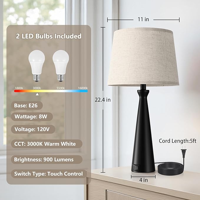 Seealle Modern Table Lamps Set of 2 - Touch Bedside Lamp for Nightstand with Dual USB C+A,3-Way Dimmable Nightstand Lamps for Living Room Bedroom End Table with Beige Shade(Bulb Included)