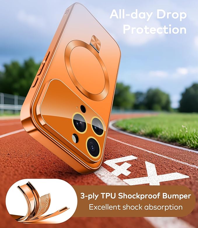 TOBOVON Magnetic for iPhone 16 Pro Max Case with Ring Stand, Fits MagSafe, with Built-in Camera Lens Protector, Slim Electroplated Shockproof Phone Cover, Orange