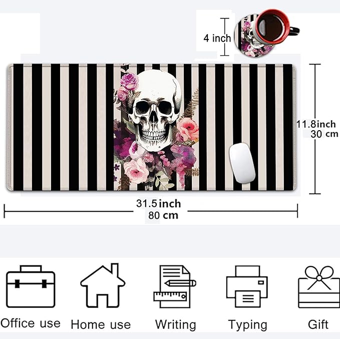 Large Mouse Pad, 31.5 x 11.8in Extended Gaming Mouse Pad with Stitched Edges,XXL Mousepad Protector Non Slip Rubber Base for Office & Home Writing Mat,Skulls and Flowers Black & White Stripes Desk Mat