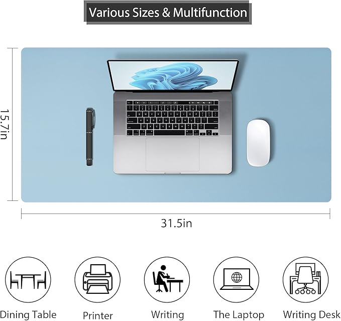 Roslim Leather Desk Pad Protector,Mouse Pad,Non-Slip Computer Mat for Desk,PU Leather Office Desk Mat for Home & Office,Waterproof Laptop Desk Blotter for Keyboard and Mouse,Sky Blue (15.7''X31.5'')