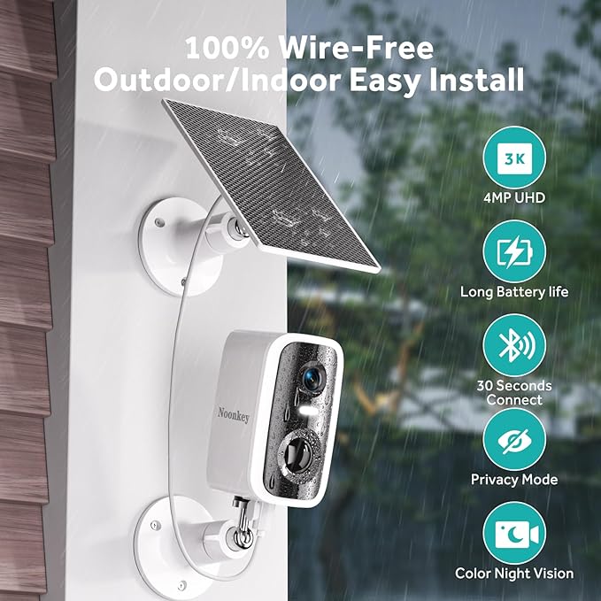 Noonkey 2 Pack Solar Security Camera Outdoor Wireless, 4MP HD Full Color Night Vision, 2.4/5GHz WiFi Home Security Camera with AI Motion Detection & Siren, 2-Way Audio, Alexa, No Wiring, Weatherproof