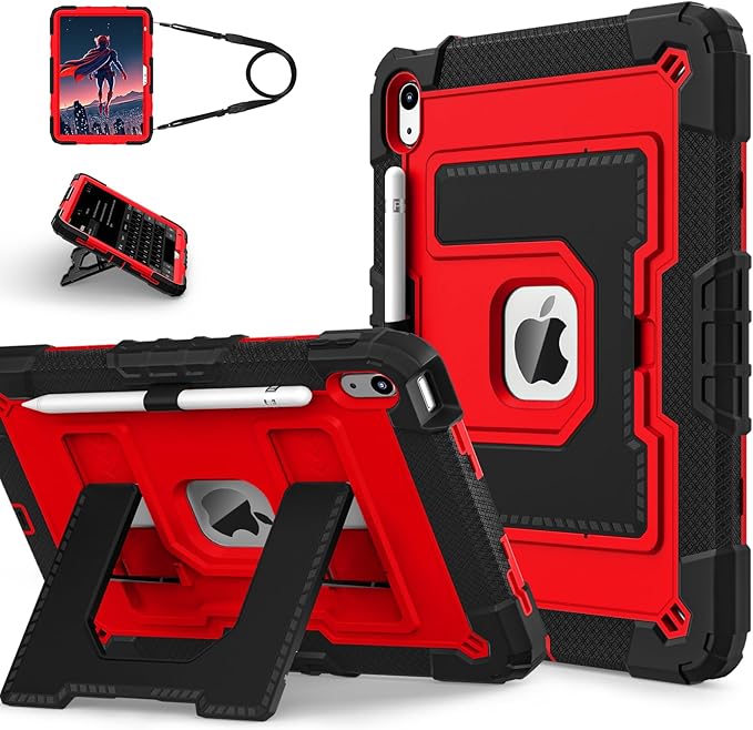 Kids Friendly Case for iPad A16 11th Generation 11 Inch 2025 / iPad 10th Generation 10.9" 2022 Case with Pencil Holder & Shoulder Strap, Hybrid iPad 11 10 Cover Rugged Shockproof Kickstand,Black+Red