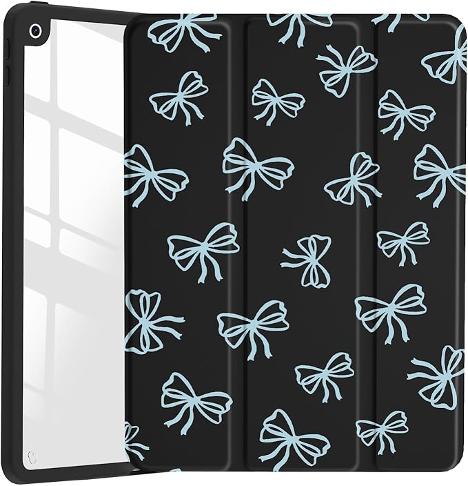 JOYLAND Blue Bow Pattern Case for iPad Pro 11" 4th/3rd/2nd/1st Generation (2022/2021/2020/2018), Clear Acrylic Hard Back Black Case with Pencil Holder Trifold Stand Tablet Cover