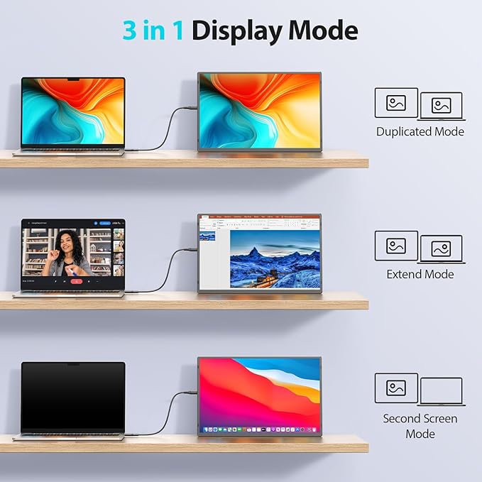 16.2'' Portable Monitor FHD 1200P USB-C/HDMI with Retractable Stand & Speakers, Ultra-Slim Computer Display HDR Eye Care Laptop Screen Plug-Play, External Monitor for MAC PC Phone PS4 Xbox