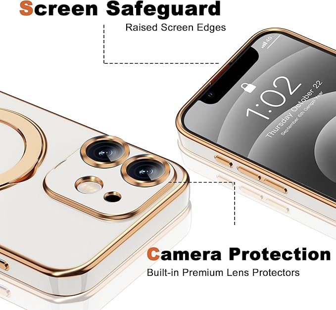 Compatible with iPhone 12 Case with Magnetic Ring Stand [Compatible with Mag-Safe] [Full Camera Lens Protector] Soft Plating Phone Case for iPhone 12 6.1", White