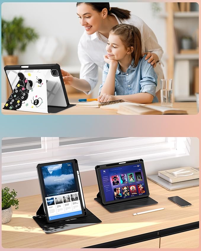 Uppuppy for iPad Air 11 inch Case, Air 5th/4th Generation 10.9, Pro 11'' Case Women Girls for Apple Pencil Holder Cute Cartoon Rotating Folio Cover for iPad Air 11 2024 (M2), 10.9 2022 2020, Pro 11