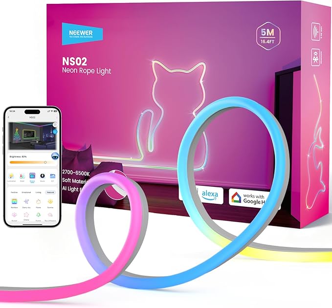 NEEWER 16.4ft/5m LED Strip Lights, Smart AI RGB Flexible Cuttable Neon Rope Light with App Control, Bedroom Gaming Room Indoor Home Classroom Wall Decor, Compatible with Google Assistant Alexa, NS02