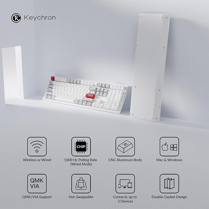 Keychron Q6 Pro Full-Size RGB Bluetooth Custom Mechanical Keyboard, Full Aluminum QMK/VIA Programmable Knob KSA Double-Shot PBT Keycap Hot-Swappable Brown Switch, Mac Windows Linux-White