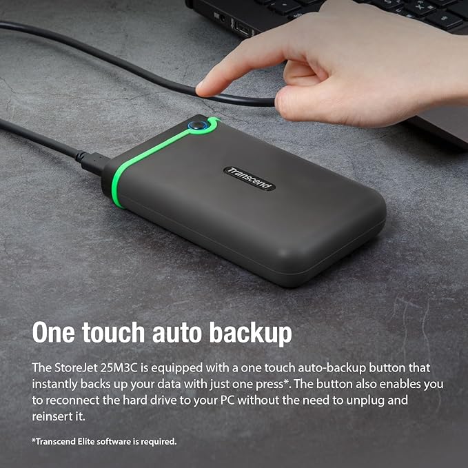 Transcend StoreJet 2TB Rugged External Hard Drive, for PS4/PC/Mac/Desktop, Laptop/Xbox One/Xbox 360, USB3.1Gen1(5Gbps) Type-C Portable HDD/One Touch Auto-Backup Button/Anti-Shock Resistant-TS2TSJ25M3C