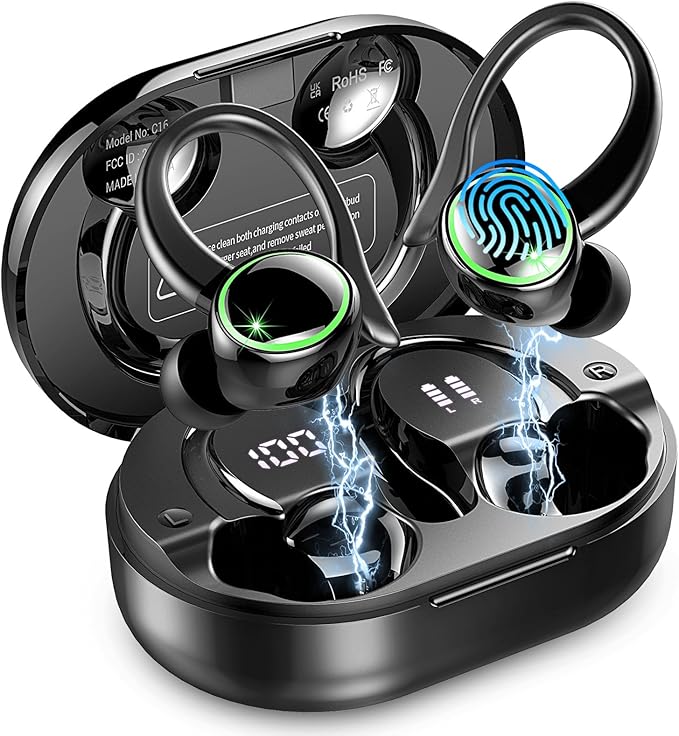 Wireless Earbuds, 2026 Bluetooth 5.4 Headphones Sports, 50 Playback Over-Ear buds with 4 ENC Noise Cancelling Mics Deep Bass Fitness Earphones Gym Running Workout, IP7 Headset with Earhook LED Display