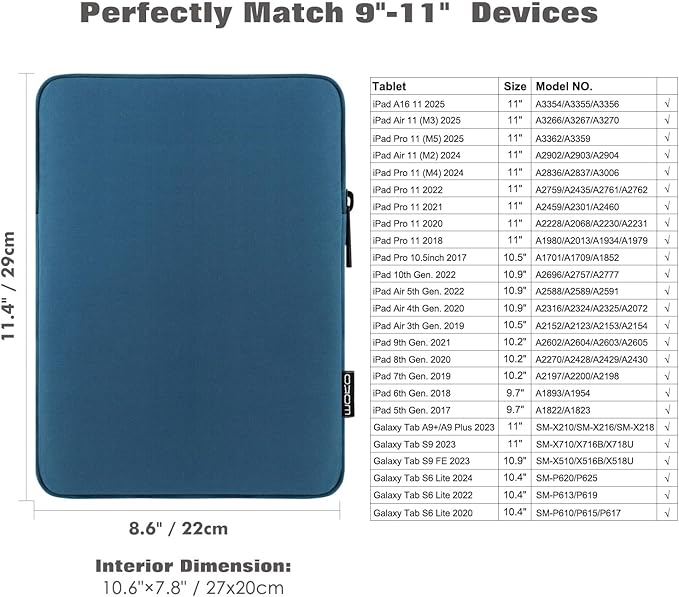 MoKo 9-11 Inch Tablet Sleeve Bag Carrying Case Fits New 11inch iPad Air M4, iPad A16 2025, iPad Pro 11 M4, Air 5/4/3, iPad 10/9/8th Gen, Tab S8/S9 11", Tablet Carrying Case,Peacock Blue