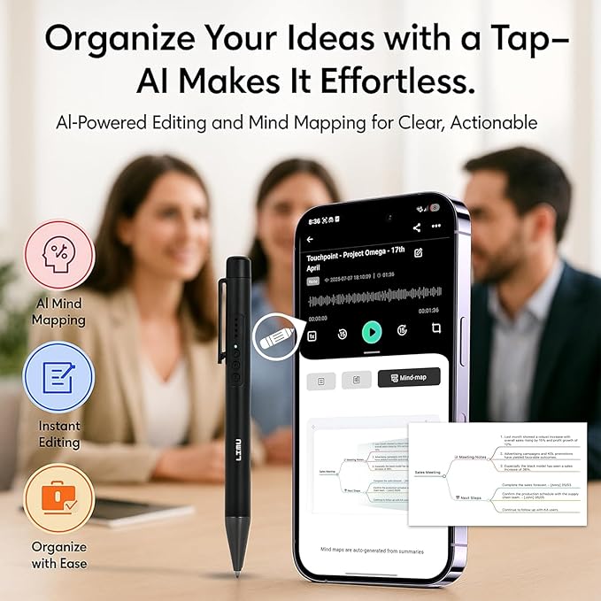 LIMU AI Voice Recorder Pen with App Control - 64GB AI Note Taking Device - ChatGPT 5 Translation, Summaries & Mind Maps (125 Languages), 400 Min/Month, 13h Recording Audio Recorder with Transcription