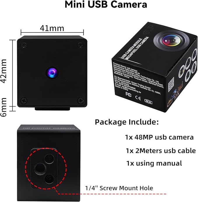 48MP Autofocus USB Camera - 4K UVC Mini Webcam with Metal Case, 8000x6000P 70 Degree No Distortion Lens PC Camera for Linux/Raspberry Pi, Plug & Play for Industrial/Lightburn/Video Conference