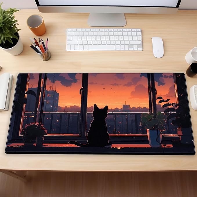 Lofi Aesthetic Desk Mat Cat Mouse pad Cute Orange Anime Mouse Pad Extra XL Large Gaming Mousepad for Desk 31.5''X15.7'' Laptop Computer Keyboard and Mouse Mat for Desk Decoration