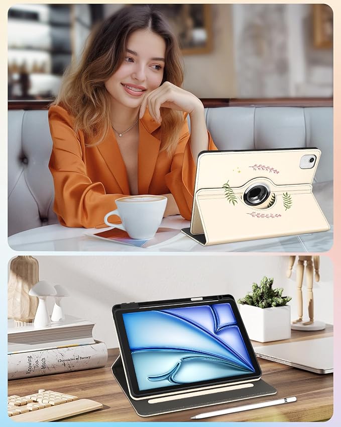 Kidcube for iPad Air 11 Inch Case M3/M2, Air 5th/4th Generation Cases 10.9'', Pro 11'' 2020 - Women Girls Aesthetic Cute Rotating Stand Folio Cover with Pencil Holder & Card Slot Cool Frog Mushroom