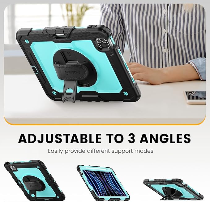 Timecity Case for iPad Pro 11 inch 2022/2021 (4th/ 3rd Generation), Shockproof with Screen Protector, Swivel Stand, Handle, Shoulder Strap, Pencil Holder Case for iPad Pro 11 Inch- Light Blue