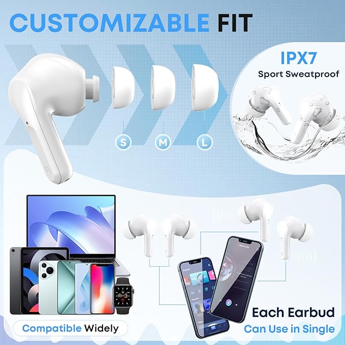 Wireless Earbuds, Bluetooth 5.4 HiFi Stereo Headphones with Noise Cancelling Mic, 50H Playback in Ear Buds with LED Digital Display, IPX7 Waterproof Earphones for Office/Running/Workout White
