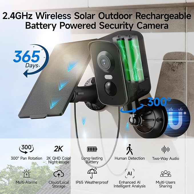 Magnetic Security Camera Wireless Outdoor, 2K Pan Rotating 300° Solar Panel Battery Powered WiFi Camera with PIR Human Detection, Color Night Vision, 2-Way Audio, Alarm, Cloud/64GB Memory Card Storage