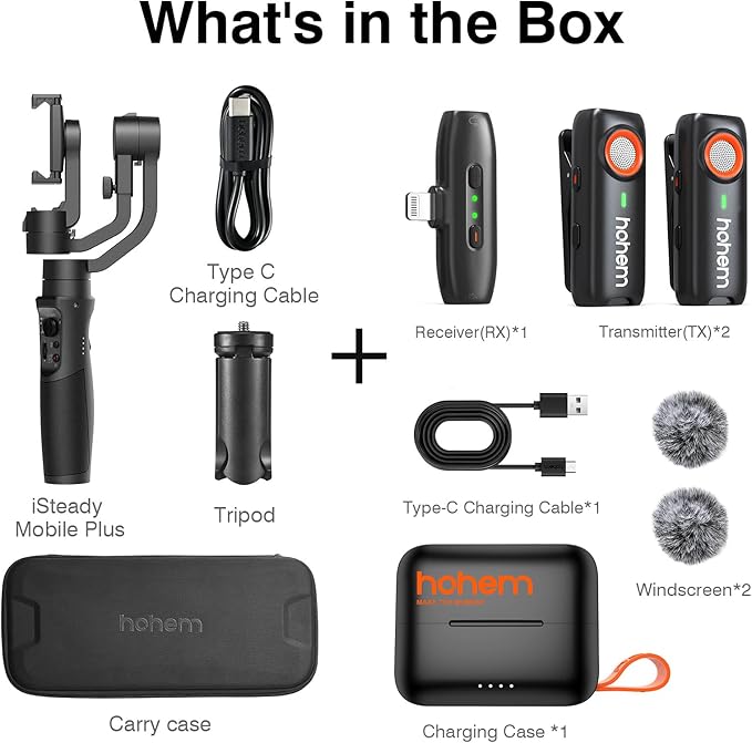 hohem iSteady Mobile Plus Premium Vlogging Combo, Gimbal Stabilizer for Smartphone, 600 °Auto Rotation, Face/Object Tracking Phone Gimbal with a hohem Mic for iPhone iOS (2 TX + 1 RX + Charging Case)