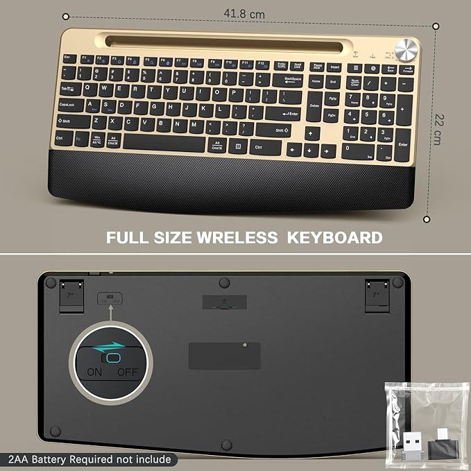 GAMCATZ Ergonomic Wireless Keyboard with Wrist Rest-Low-Profile,Phone/Tablet Holder,Quiet Design，Windows & Mac OS，Full Size Cordless USB Computer Keyboard for Desktop,Laptop, PC, Mac, Windows-Black