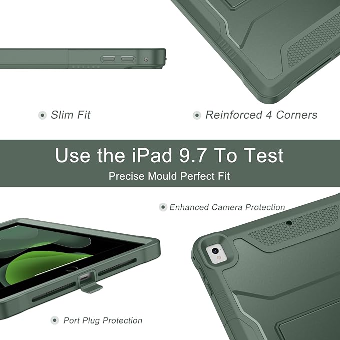 Soke Case for iPad 6th/5th Generation 9.7 Inch 2018/2017,with Built-in Screen Protector and Kickstand, Rugged Full-Body Heavy Duty Protective Cover for Apple iPad Air 2 /Pro 9.7 - Calke Green