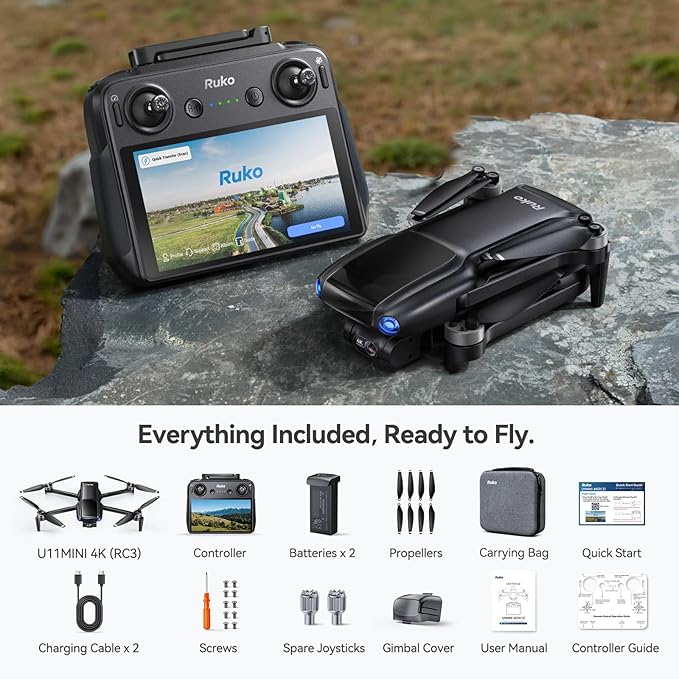 Ruko U11MINI 4K (RC3), Professional 8K Drone with 5.5" Touchcreen, Drones with camera for Adults 4K Video, 3-Axis Gimbal, 20000ft FPV Transmission, Under 249g FAA Exempt, Beginner (64-Min Flight)