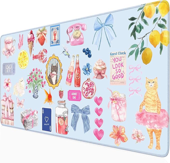 Cute Blue Desk Mat Kawaii Cat Mouse Pad Retro Vintage Large XXL Mousepad Computer Keyboard Laptop Mouse Mat Aesthetic Floral Office Desk Decor for Women Girl