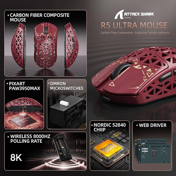 ATTACK SHARK R5 Ultra Wireless Gaming Mouse,39g Superlight Carbon Fiber Hollowed-Out,PAW3950MAX Optical Sensor Nordic 52840 MCU 8K Polling 42K DPI,Tri-Mode Programmable Mice with Coiled Cable-Red