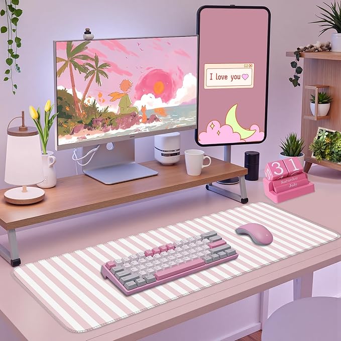 Pink Striped Desk Mat Cute Pastel Large Mouse Pad Kawaii Aesthetic Extended Mat for Home Office Desk Decor for Women Cozy Gaming Keyboard Pad 31.5 X 15.7
