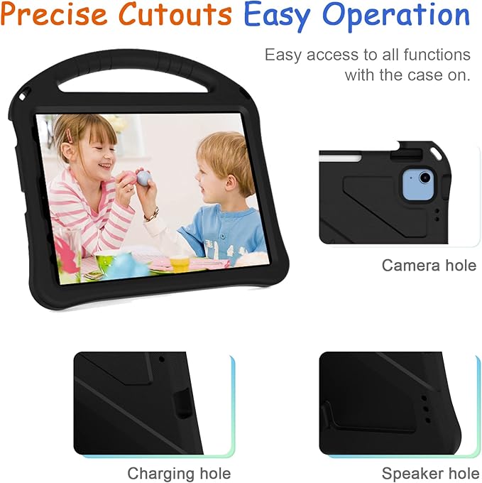 Kids Case for iPad A16 11th/10th Generation 2022/2025 11-Inch iPad Cover with Pencil Holder, Techcircle Lightweight Shockproof EVA Foam Rugged Handle Stand Anti-Slip Grip Protective Case, Black