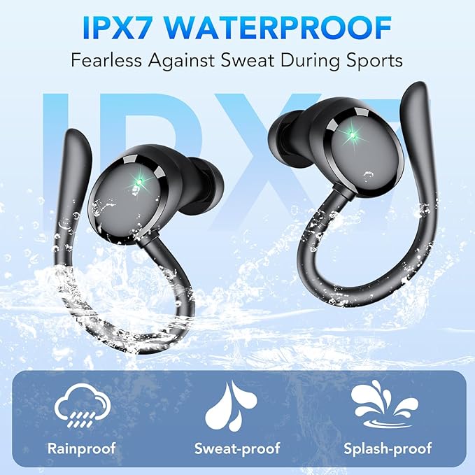 KT1 Bluetooth Headphones Wireless Earbuds 72hrs Playtime Wireless Charging Case Digital Display, Ear Buds with Earhook,IPX7 Waterproof, Deep Bass 2.0,Over-Ear Earphones for Sport Running, Black