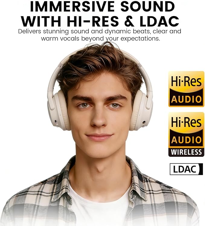 1Mii Y8+ Hybrid Active Noise Cancelling Headphones, 100H Playtime, Bluetooth 6.0 Over Ear LDAC Wireless Hi-Res Audio & Deep Bass, Comfortable for Travel Airplane Home Office, Custom EQ via App, Beige