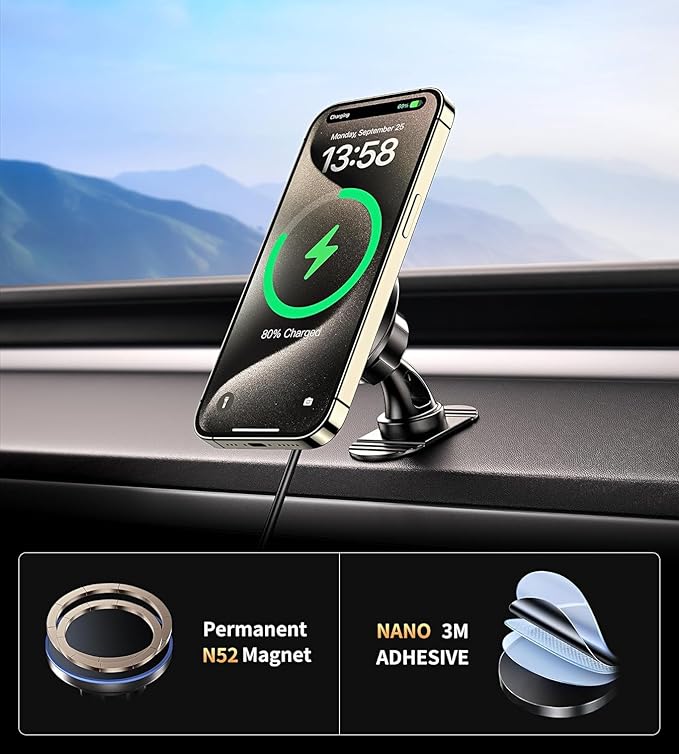 BHHB for Magsafe Car Mount Charger, [2026 Upgrade] 15W 2in1 Magnetic Wireless Car Charger, fits for Magsafe Car Charger, Vent/Dashboard Phone Holder for iPhone 17 16 15 14 13 12 Series(Cyan)