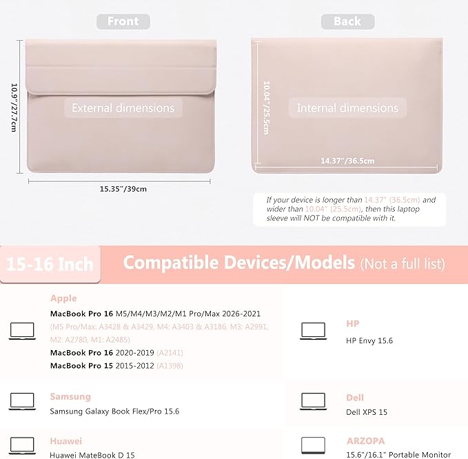 HYZUO 15-16 Inch Laptop Case Bag Sleeve with Stand Feature for MacBook Pro 16 M5/M4/M3/M2/M1 Pro/Max 2026-2019, XPS 15, MacBook Pro 15 2015-2012, Samsung Galaxy Book Flex 15, Apricot
