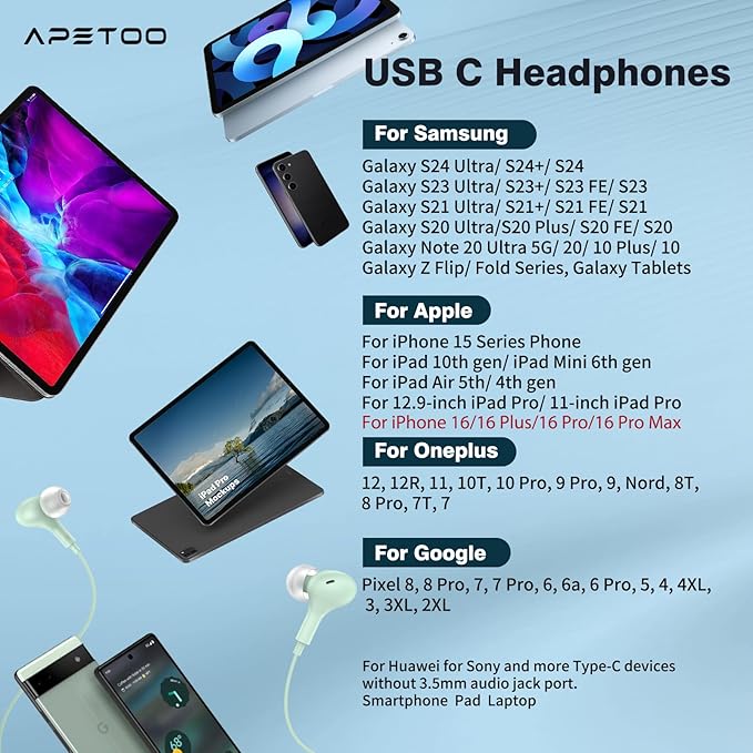 APETOO USB C Headphones for iPhone 17 16 15 Plus iPad 10th Wired Earbuds for Samsung S26 S25 S24 S23 S22 Magnetic Noise Canceling in-Ear Type C Earphones with Mic Volume Control for Pixel 9 8 7, Mint