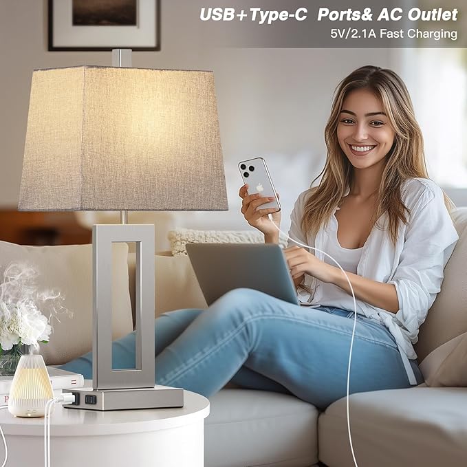 Cinkeda Touch Control Table Lamp Set of 2, Modern Silver Bedside Lamps with USB C+A Ports & AC Outlet, 3 Way Dimmable Bedroom Lamps for Night Stands Bedroom Living Room,Nightstand Lamp