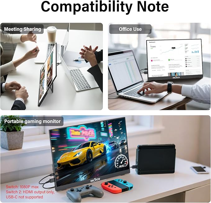 InnoView 16" Portable Monitor 180Hz FHD 1920×1200 100% sRGB Laptop Screen Extender | 2 x Type-C & HDMI Portable Monitor for Macbook/Switch/PS5/Xbox (Support 165Hz 144Hz 120Hz)