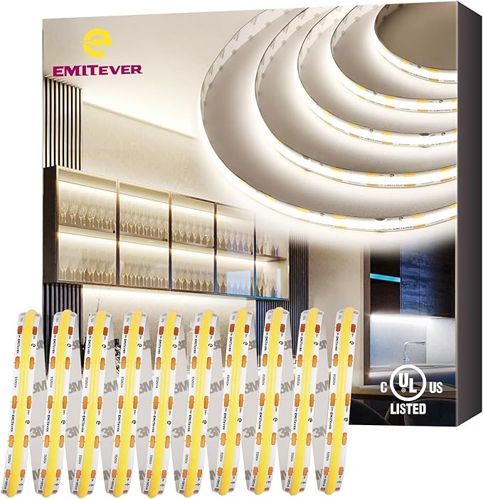 EMITEVER COB LED Strip Lights Neutral White 16.4ft, 4000K Ra 90+ Tape Light Premium High Density, 24V, 300+Lumens/ft, 2400LEDs/Spool, 3W/ft, UL Listed 5 Year Warranty (Power Supply Sold Separately)