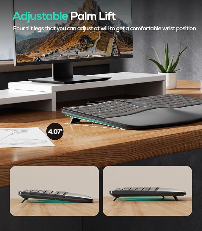 Nulea RT07B Wireless Ergonomic Keyboard - Split Keyboard, Wrist Rest, Natural Typing, Bluetooth and USB Connectivity, USB-C Rechargeable,Compatible with Windows Mac (Silver White)